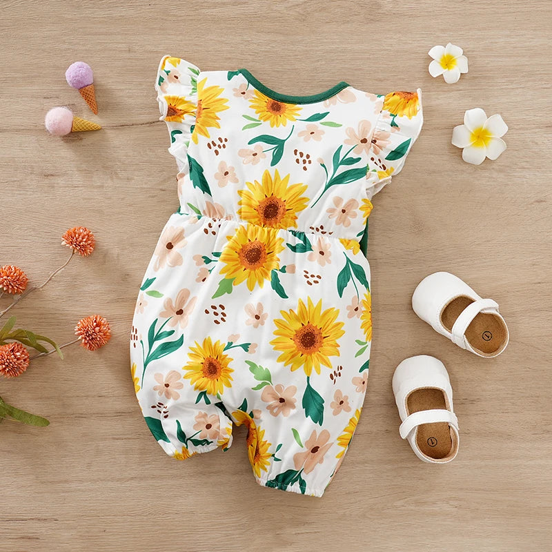 Fresh Sunflower Printed Flounce Sleeve Baby Jumpsuit