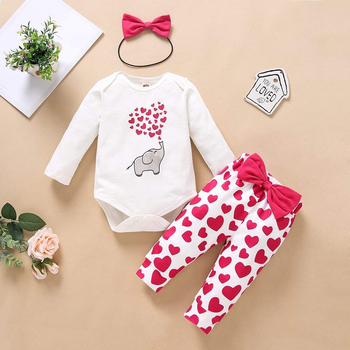 3PCS Cartoon Elephant Printed Romper with Hearts Printed Pants Baby Set