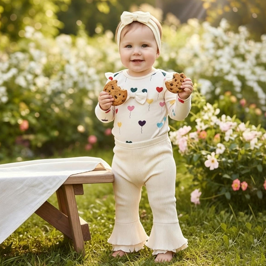 4PCS Lovely Heart Print Bow Long Sleeve Baby Girl Set