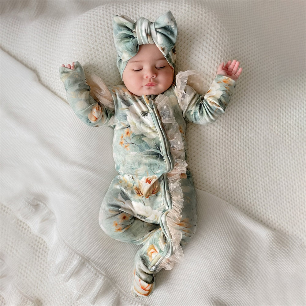2PCS Floral Print Lace Trim Long Sleeve Baby Jumpsuit