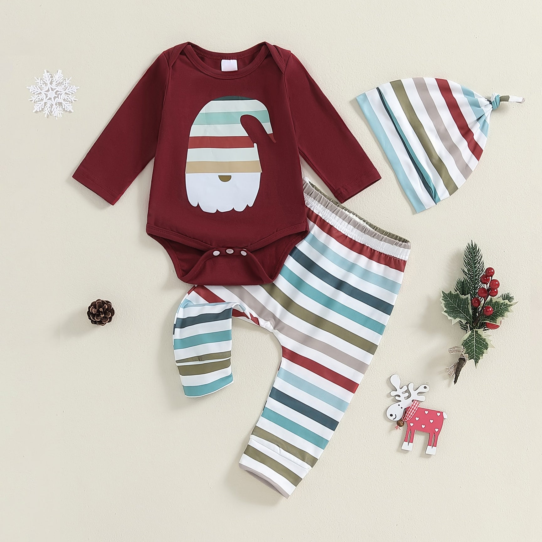 3PCS Santa Claus Stripe Printed Long Sleeve Baby Set