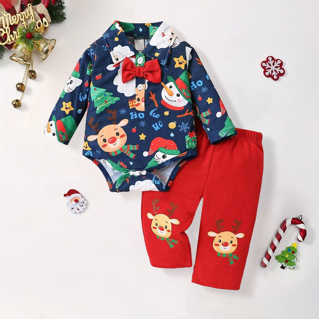 2PCS Lovely Christmas Snowman And Elk Printed Baby Set