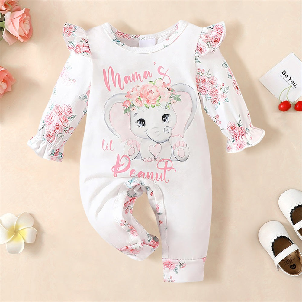 Mama's Peanut Letter Elephant Printed Long Sleeve Baby Jumpsuit