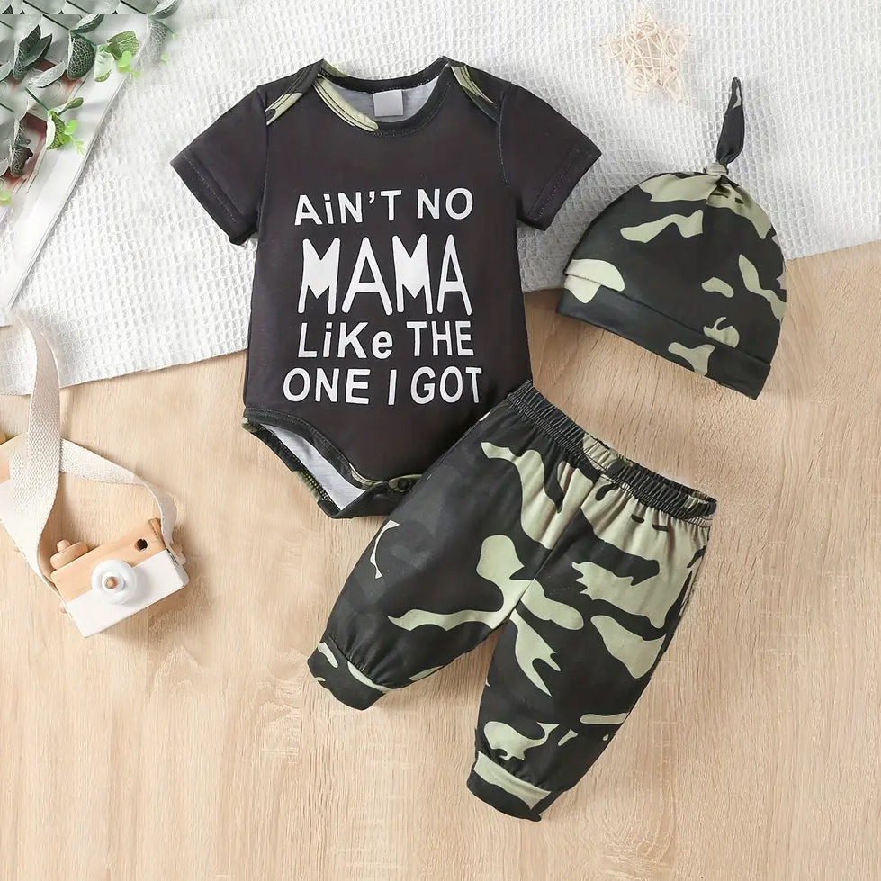 3PCS Ain't No Mama Letter Camouflage Printed Short Sleeve Baby Set