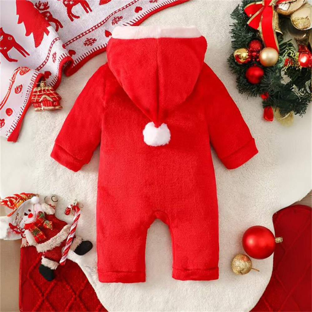 Santa Embroidery Long Sleeve Baby Hooded Jumpsuit