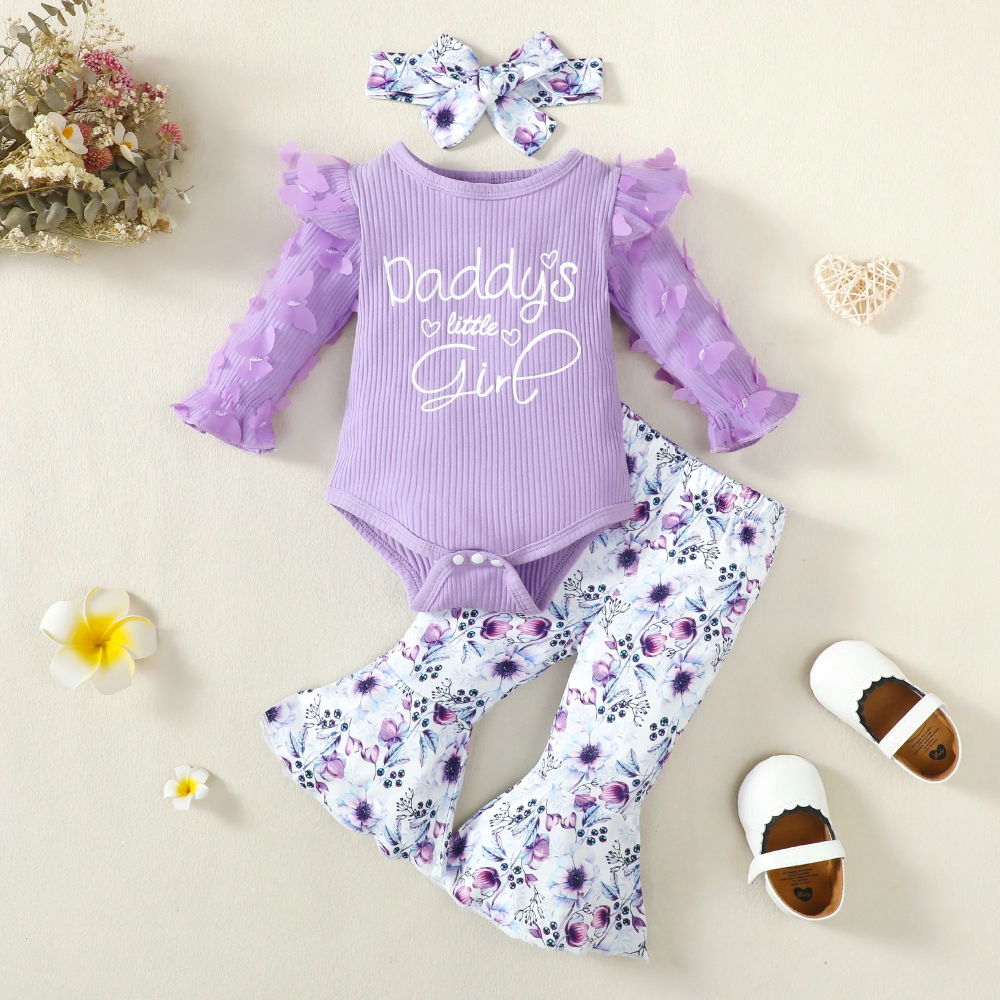3PCS Daddy's Little Girl Letter Floral Print Long Sleeve Baby Set