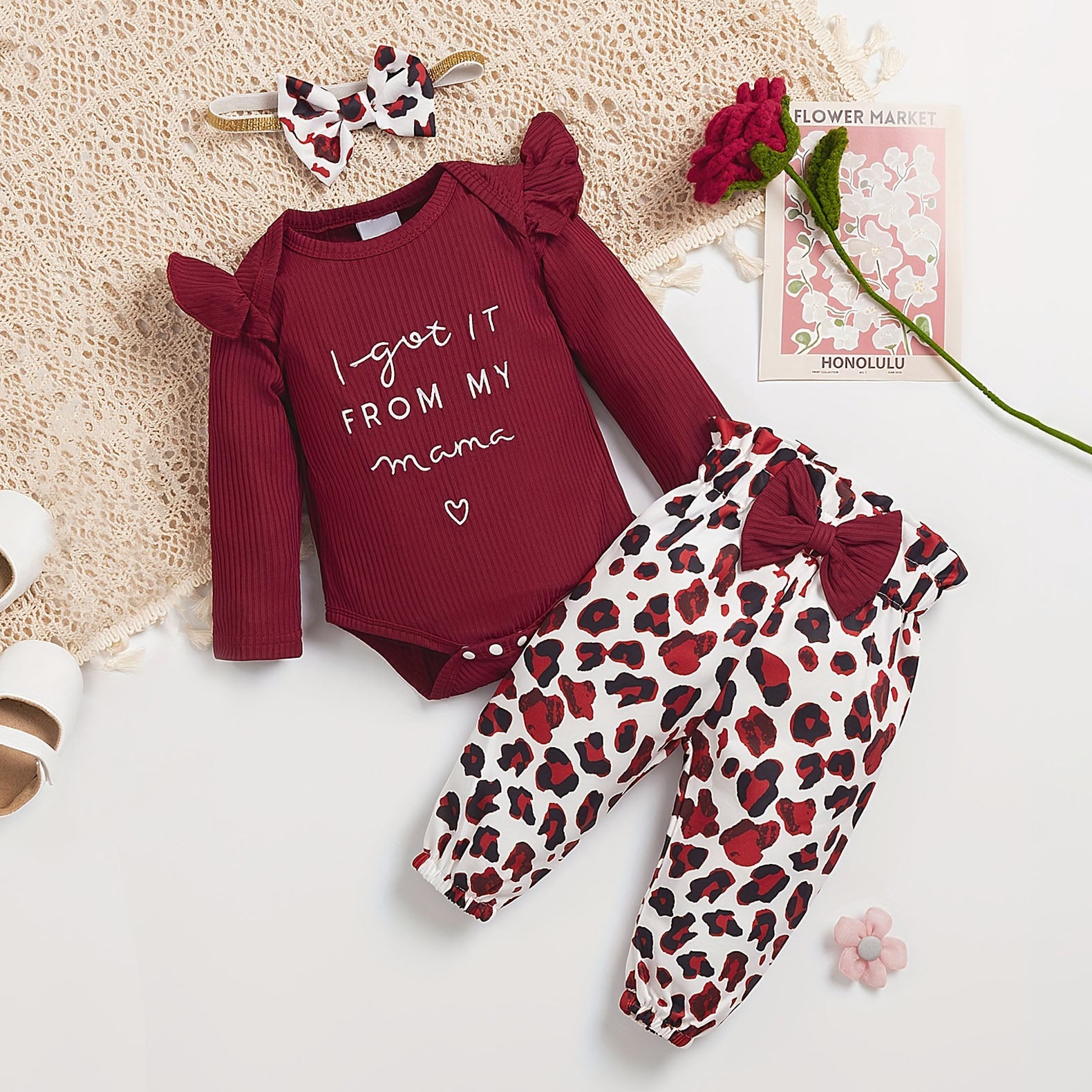 3PCS I Got It From My Mama Letter Leopard Print Baby Set