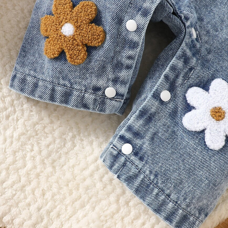 3PCS Pretty Floral Applique Long Sleeve Baby Denim Overalls Set