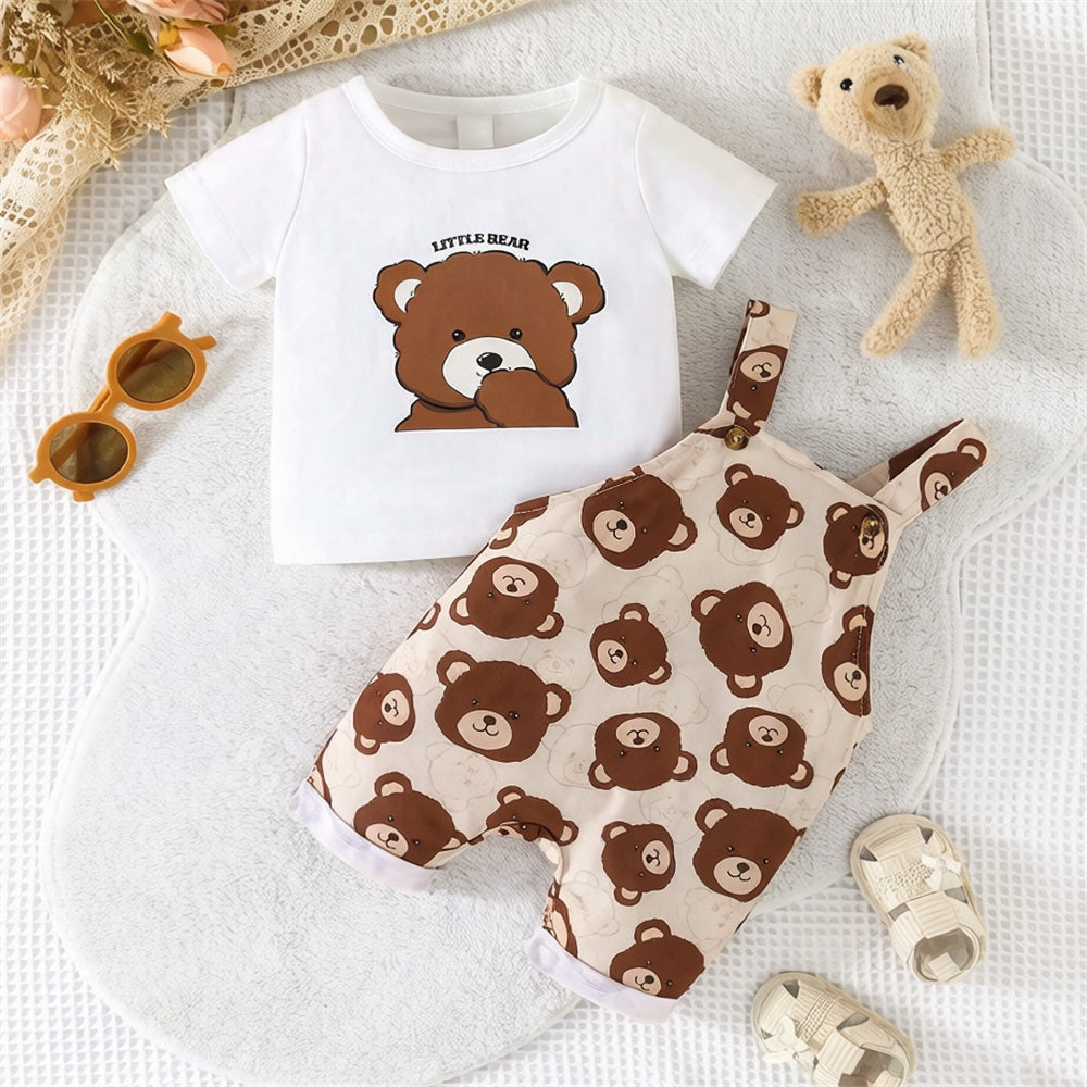 2PCS Cute Cartoon Bear Printed Short Sleeve Baby Overalls Set