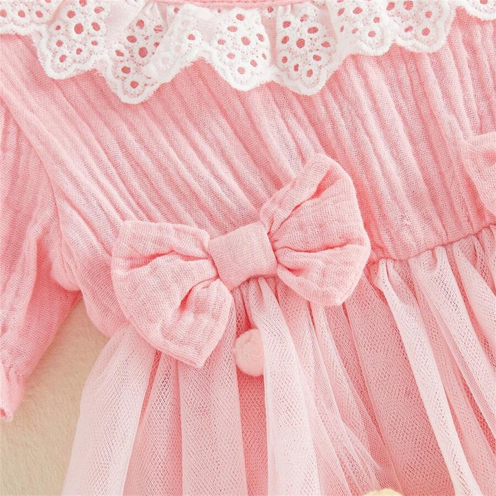 2PCS Sweet Floral Embroidery Short Sleeve Tulle Baby Romper