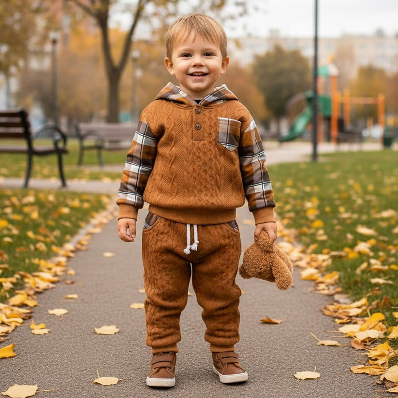 2PCS Stylish Plaid Printed Long Sleeve Cable Knit Hoodie Baby Set
