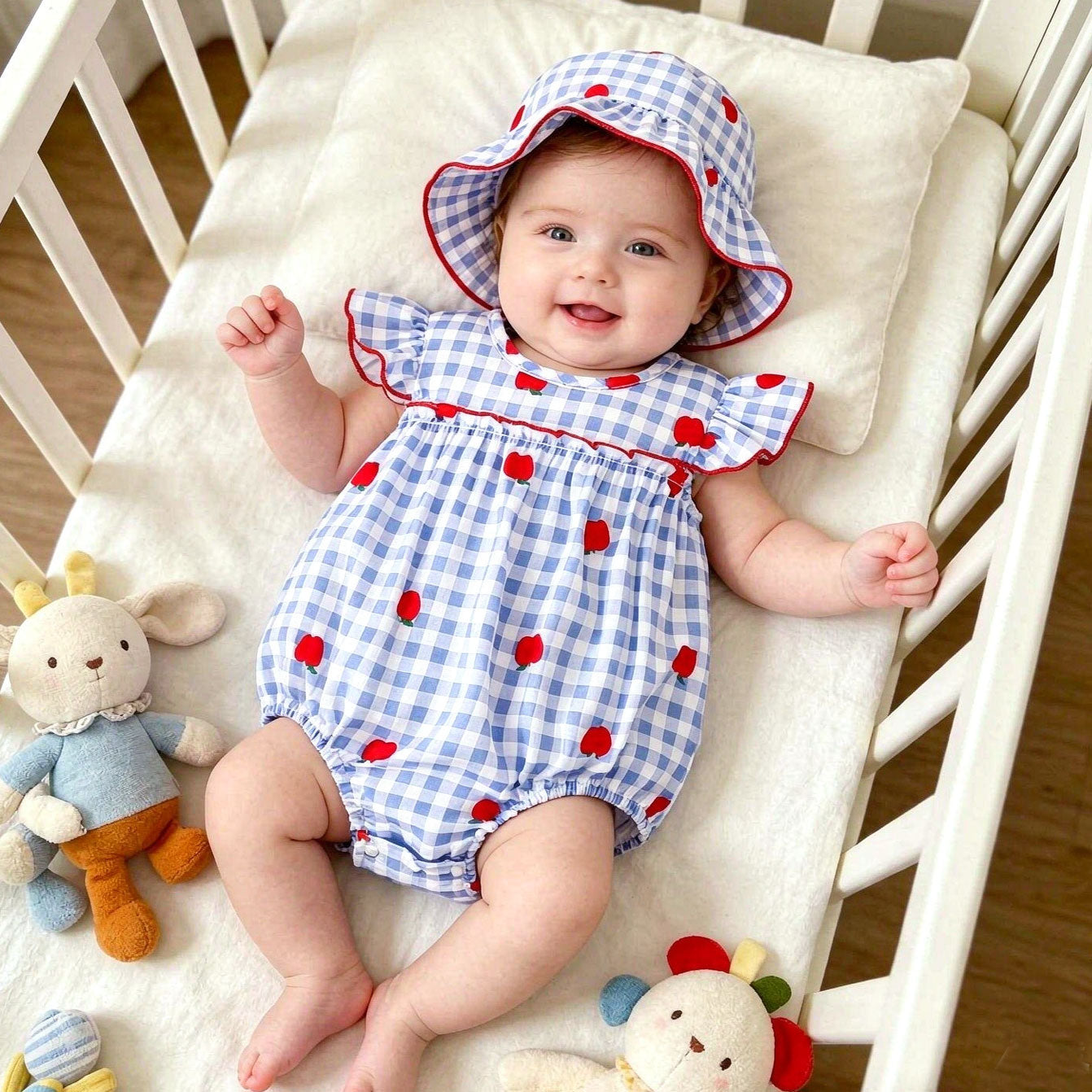 2PCS Lovely Apple and Plaid Print Flutter Sleeve Baby Romper