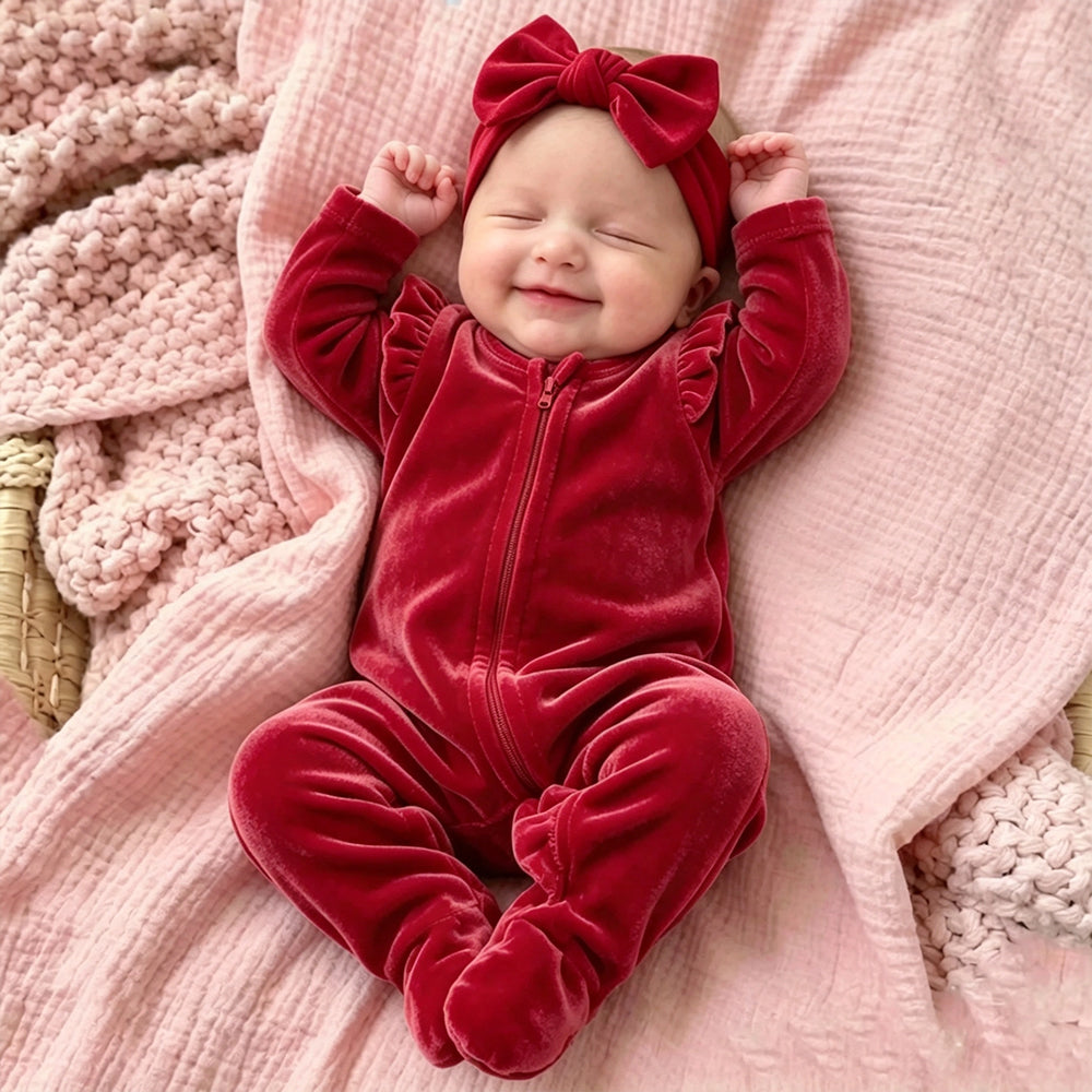2PCS Baby Girl Solid Color Velvet Long Sleeve Zipper Jumpsuit