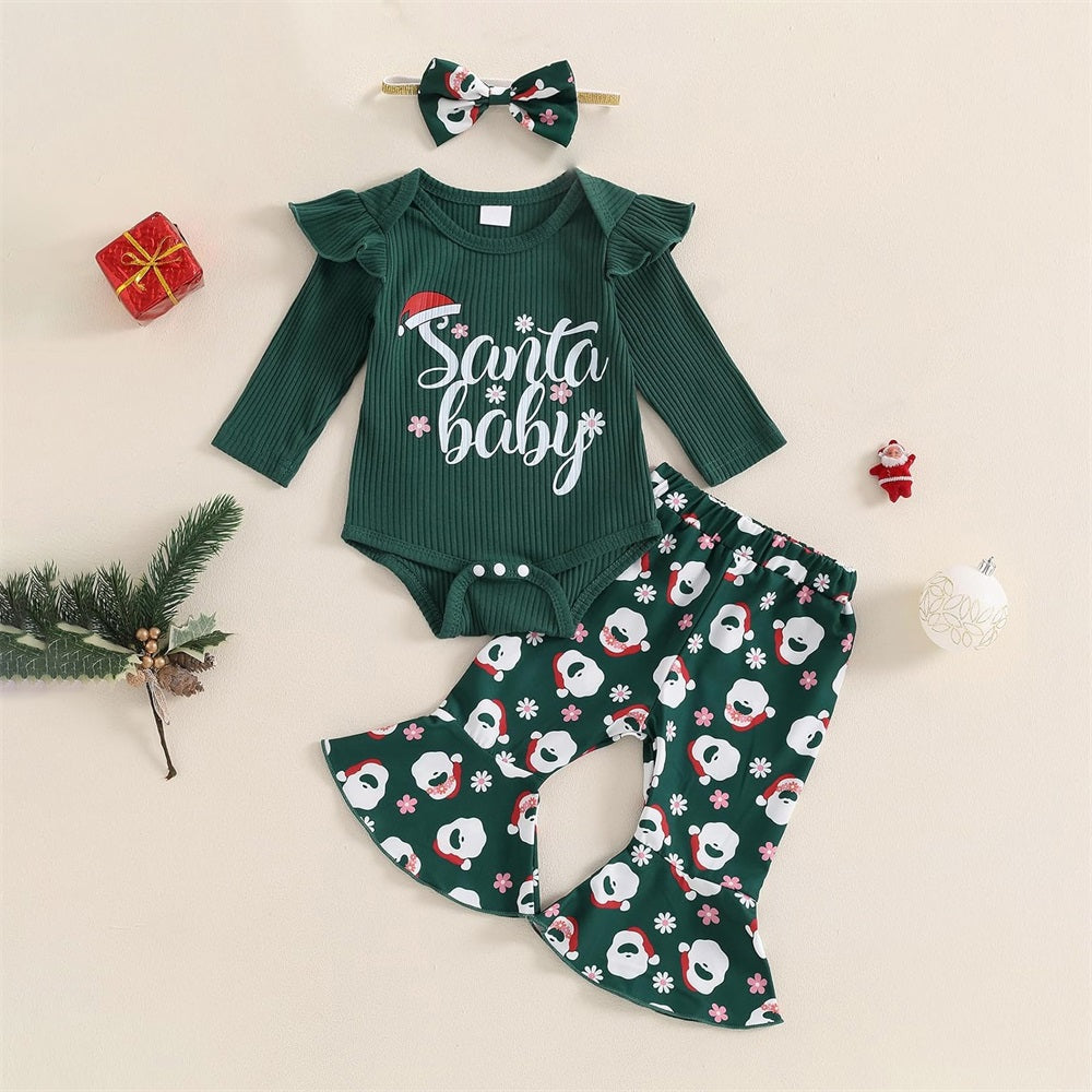 3PCS Santa Baby Letter Santa Claus Print Long Sleeve Baby Set