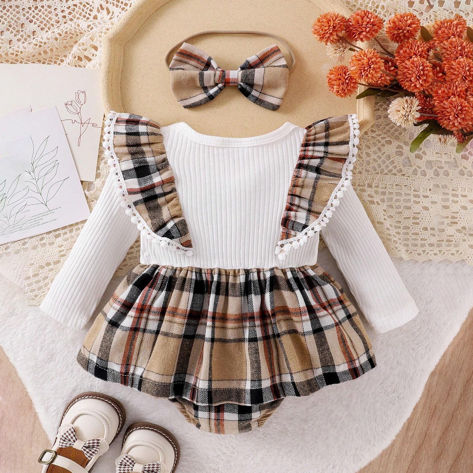 2PCS Elegant Plaid Printed Bow Ruffled Long Sleeve Baby Romper