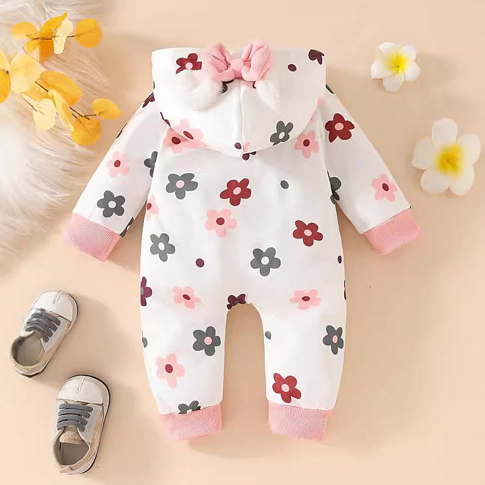 Cute Floral Printed Long Sleeve Baby Hooded Jumpsuit