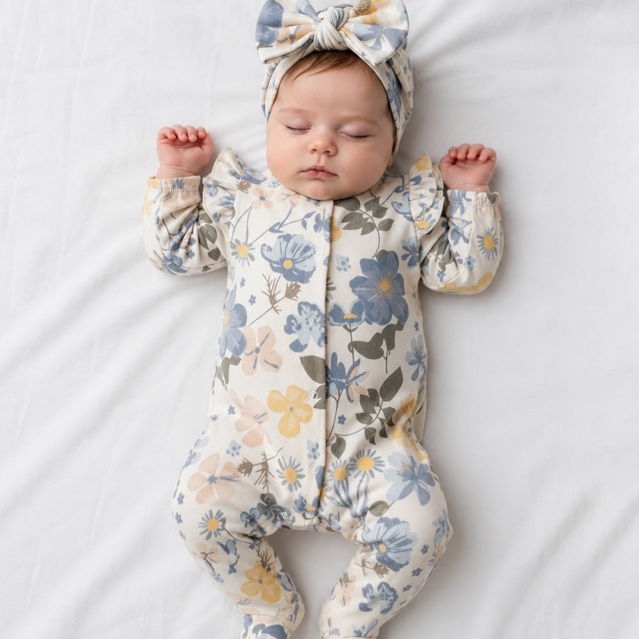 2PCS Gorgeous Floral Printed Ruffled Long Sleeve Zipper Baby Jumpsuit