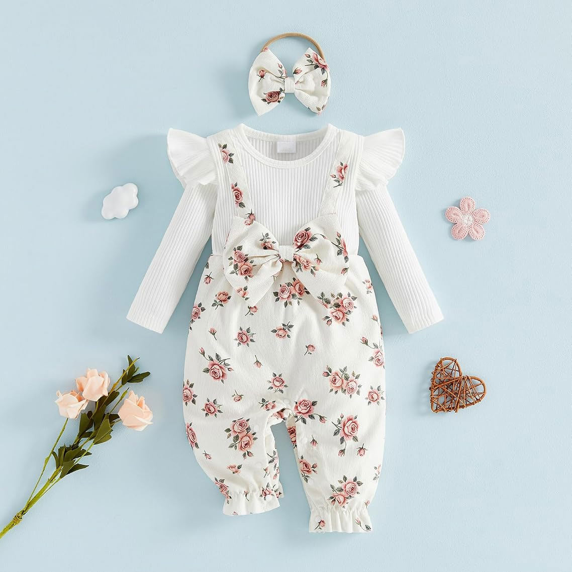 2PCS Exquisite Floral Print Ruffle Decor Long Sleeve Baby Jumpsuit