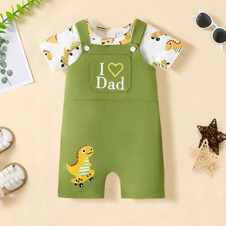 2PCS I Love Dad Letter Dinosaur Printed Overalls Baby Set