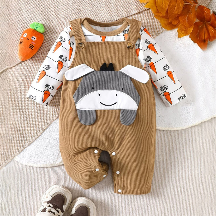 2PCS Three-Dimensional Donkey Carrot Printed Baby Overalls Set