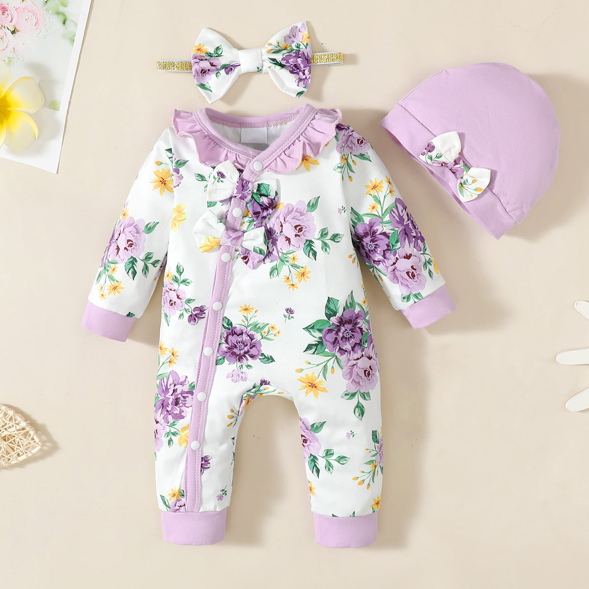 3PCS Charming Floral Print Bow Long Sleeve Baby Jumpsuit