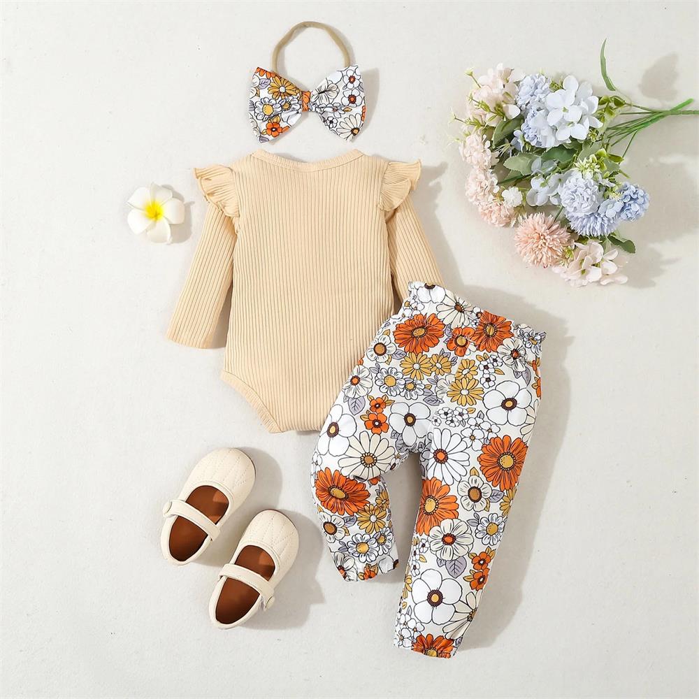 3PCS Daddy's Little Girl Letter Floral Print Long Sleeve Baby Set