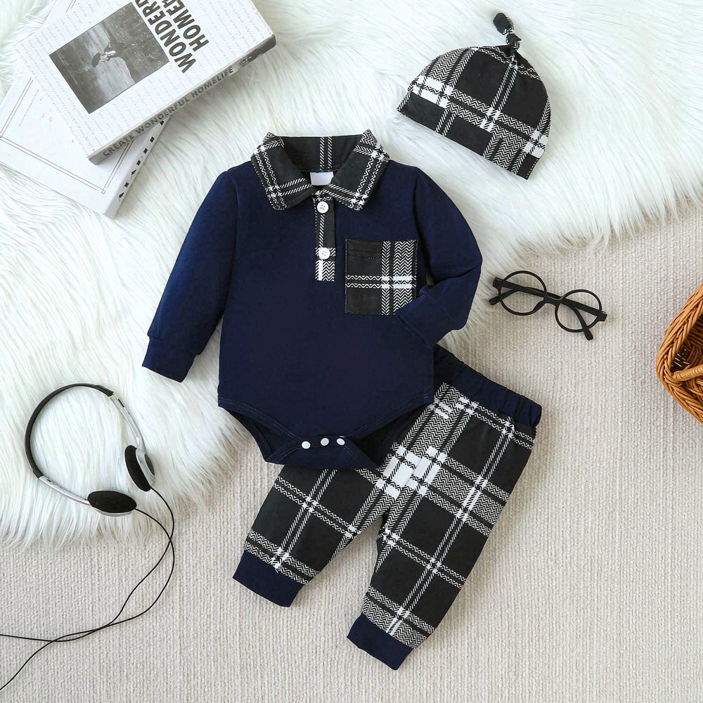 3PCS Stylish Color Block Plaid Printed Long Sleeve Baby Boy Set