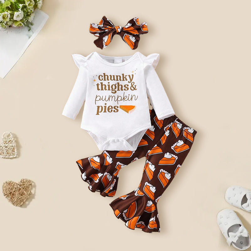 3PCS Chunky Thighs Pumpkin Pies Letter Printed Long Sleeve Baby Set