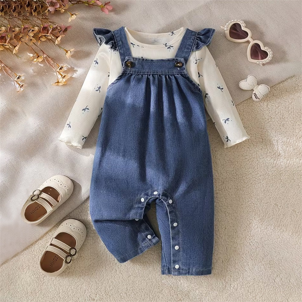 2PCS Floral Print Long Sleeve Baby Denim Overalls Set