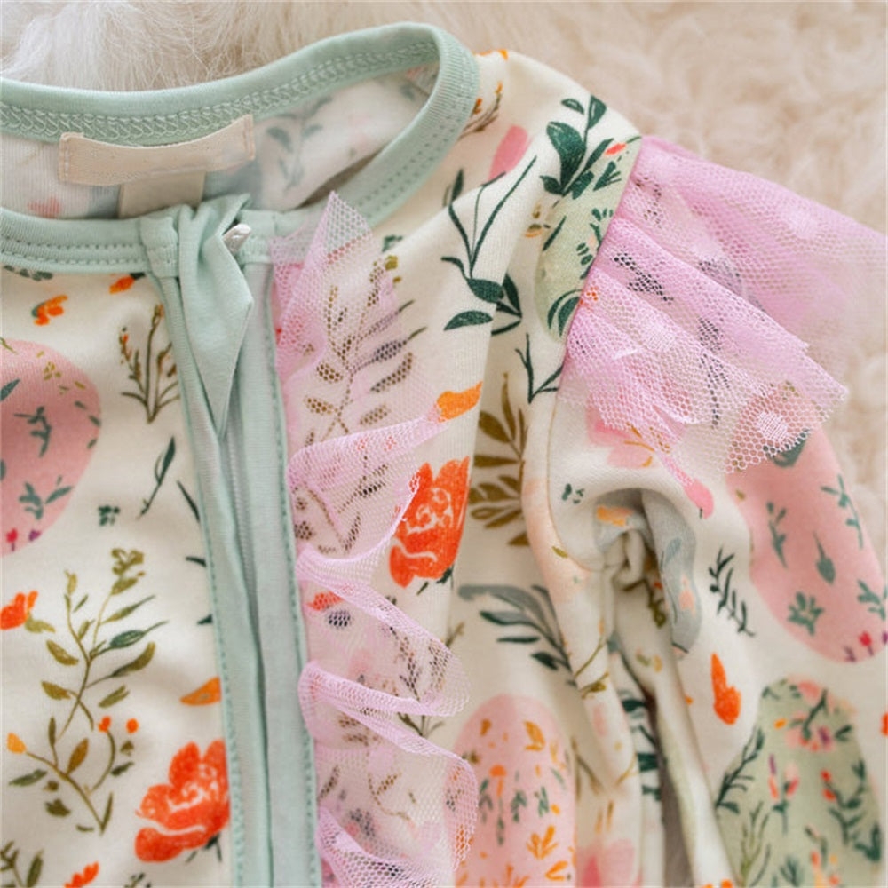 2PCS Pretty Floral Printed Long Sleeve Lace Trim Baby Jumpsuit