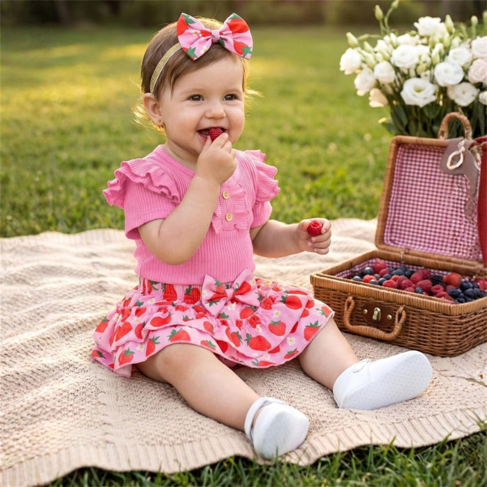 3PCS Summer Sweet Strawberry Printed Short Sleeve Baby Set
