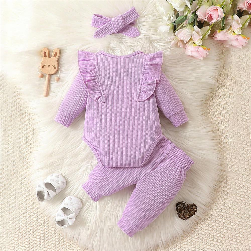 3PCS Solid Color Ruched Trim Long Sleeve Baby Set