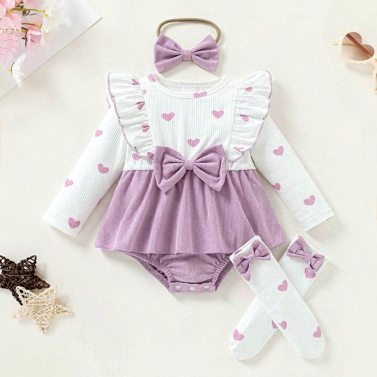 3PCS Lovely Heart Print Bow Long Sleeve Baby Girl Romper