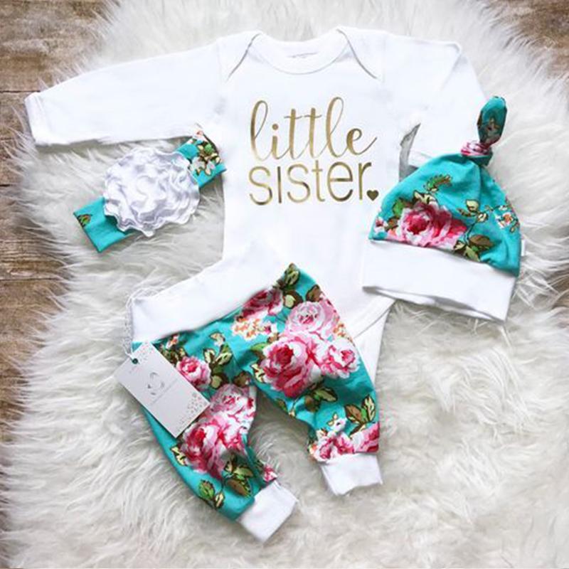 Conjunto de 4 piezas de mameluco con estampado de letras para hermana pequeña, pantalones con estampado floral, sombrero para niña