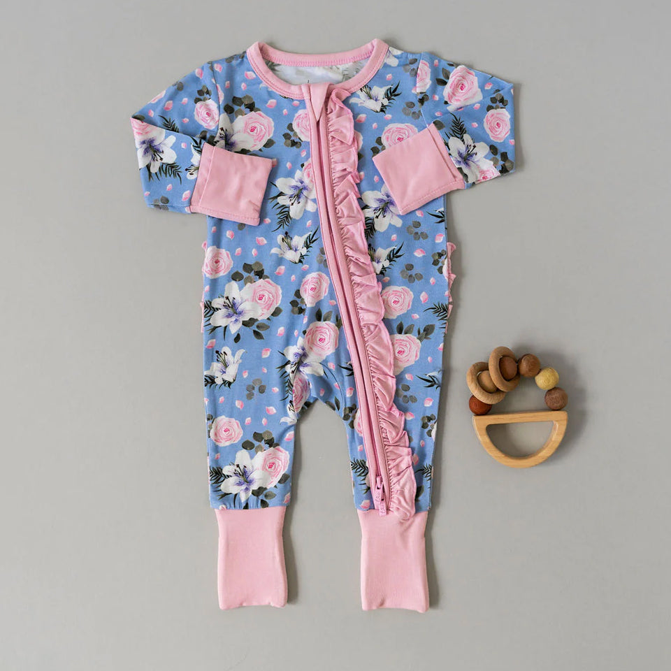 Lovely Floral Printed Ruffle Decoration Long Sleeve Baby Jumpsuit