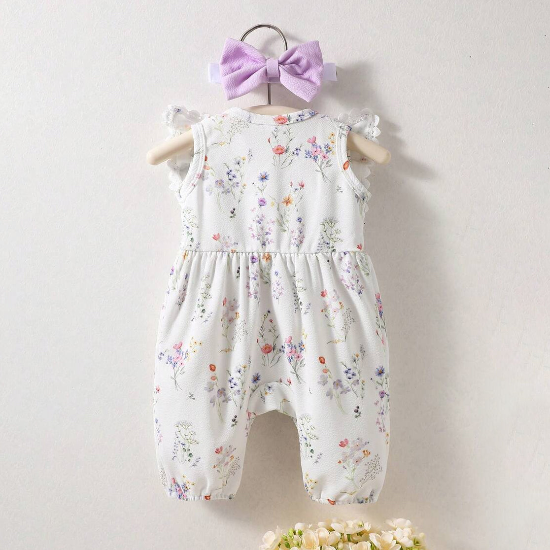 2PCS Floral Print Bow Flutter Sleeve Baby Jumpsuit