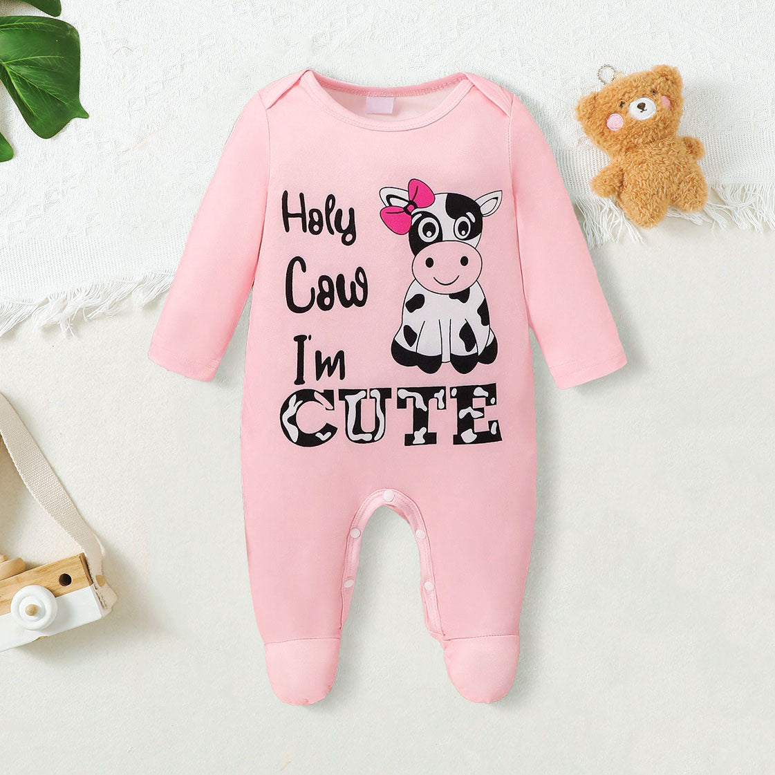 2PCS Holy Cow I'm Cute Letter Printed Long Sleeve Baby Girl Jumpsuit