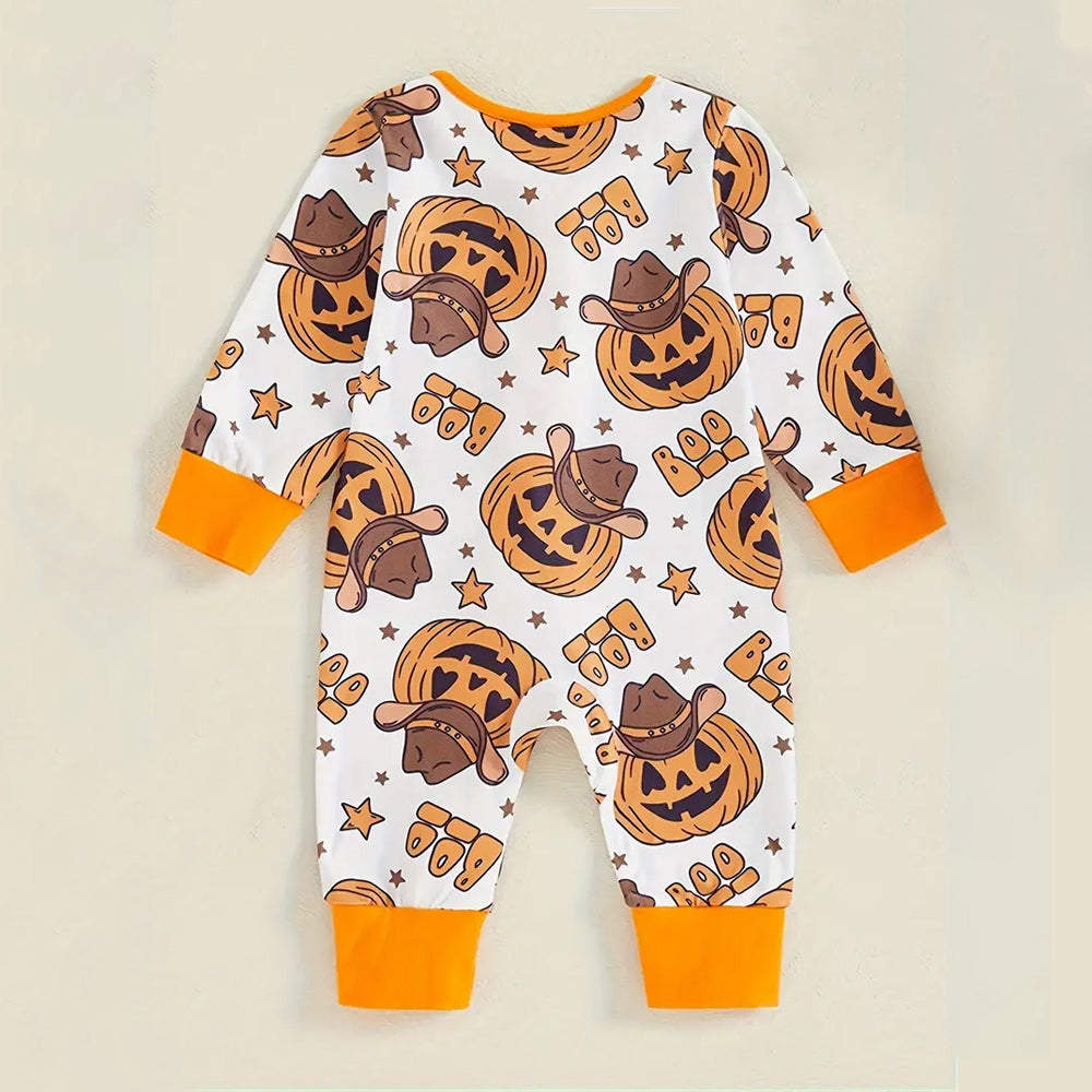 Cute Boo Letter Pumpkin Printed Long Sleeve Halloween Baby Jumpsuit