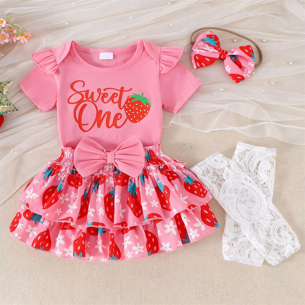 4PCS Sweet One Letter Strawberry Print Short Sleeve Baby Set