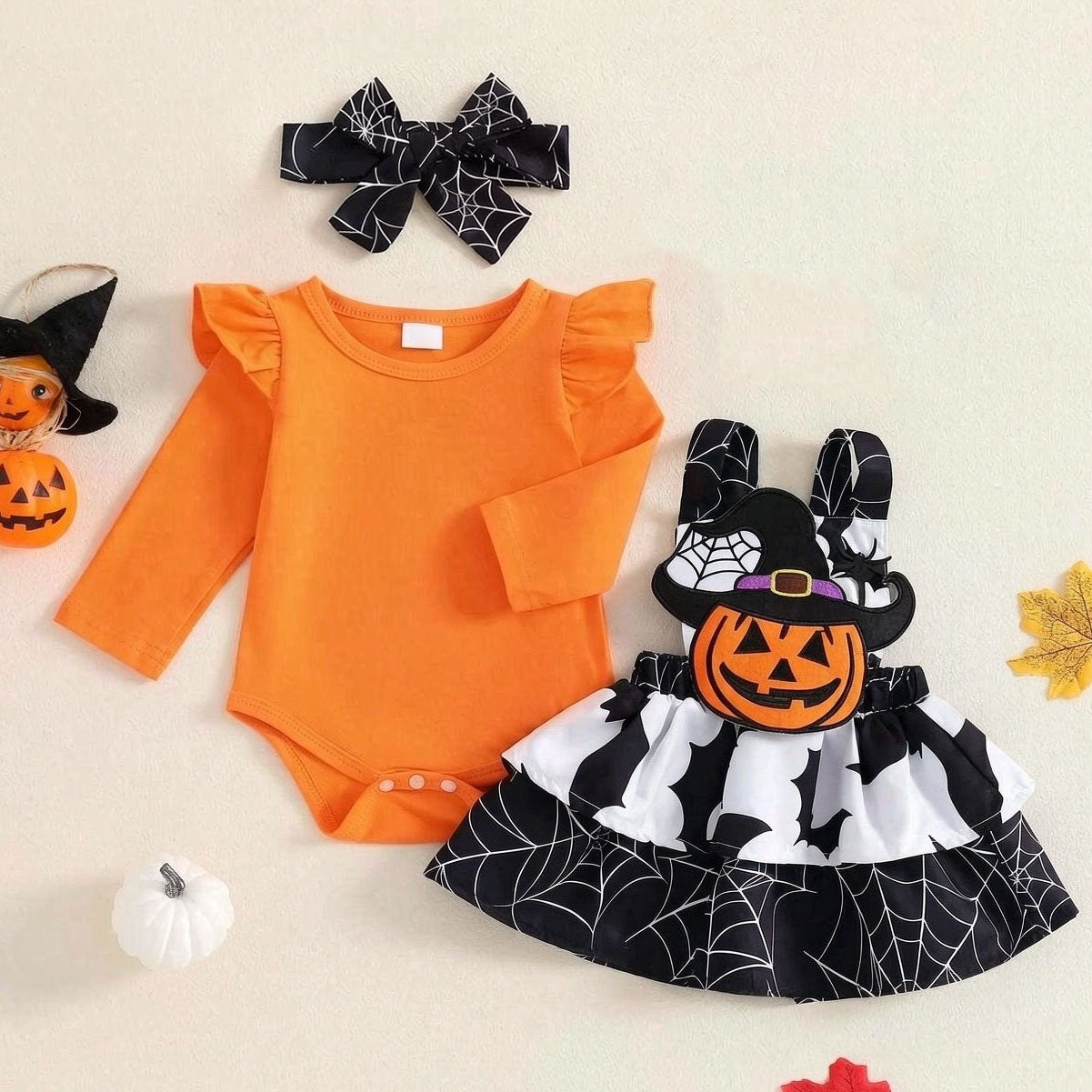 3PCS Halloween Pumpkin Bat Printed Long Sleeve Baby Set