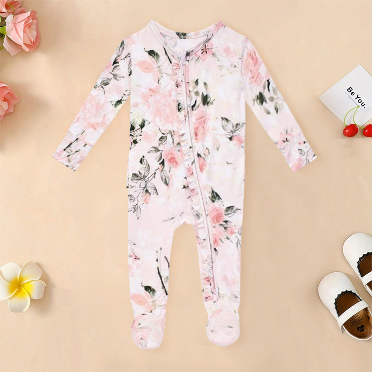 Elegant Floral Printed Zipper Bamboo Viscose Baby Jumpsuit