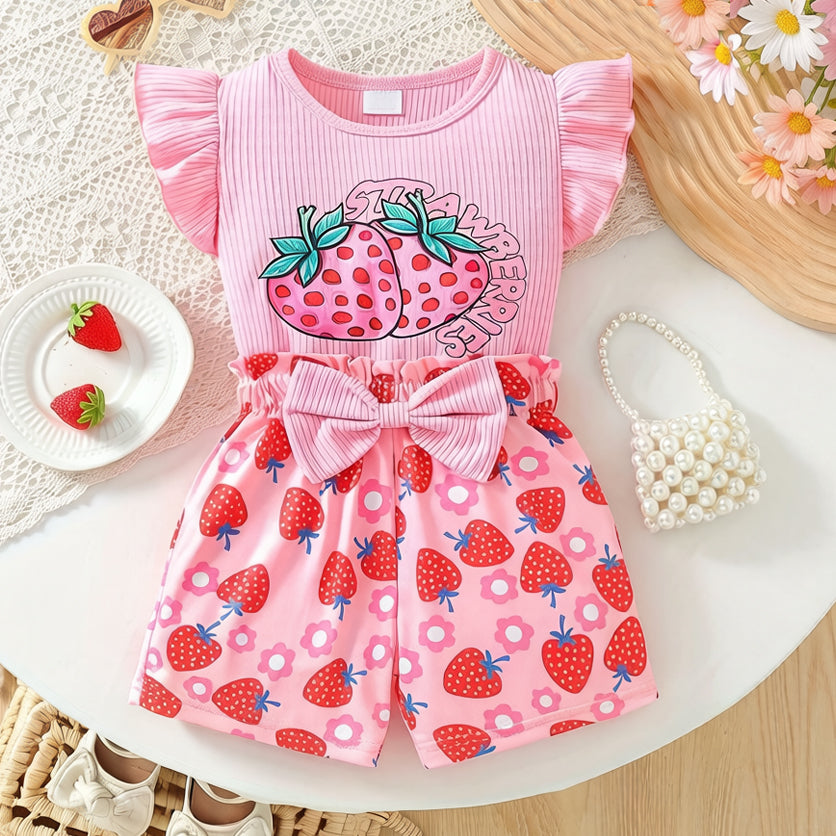 Lovely Strawberry Printed Flounce Sleeve Baby Romper