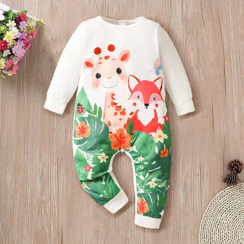 Playful Animal Printed Long Sleeve Baby Jumpsuit