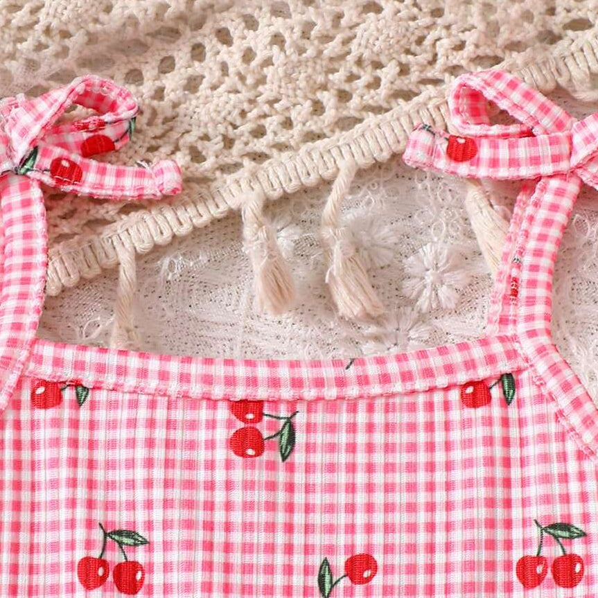 Vibrant Cute Cherry & Plaid Print Sleeveless Baby Romper