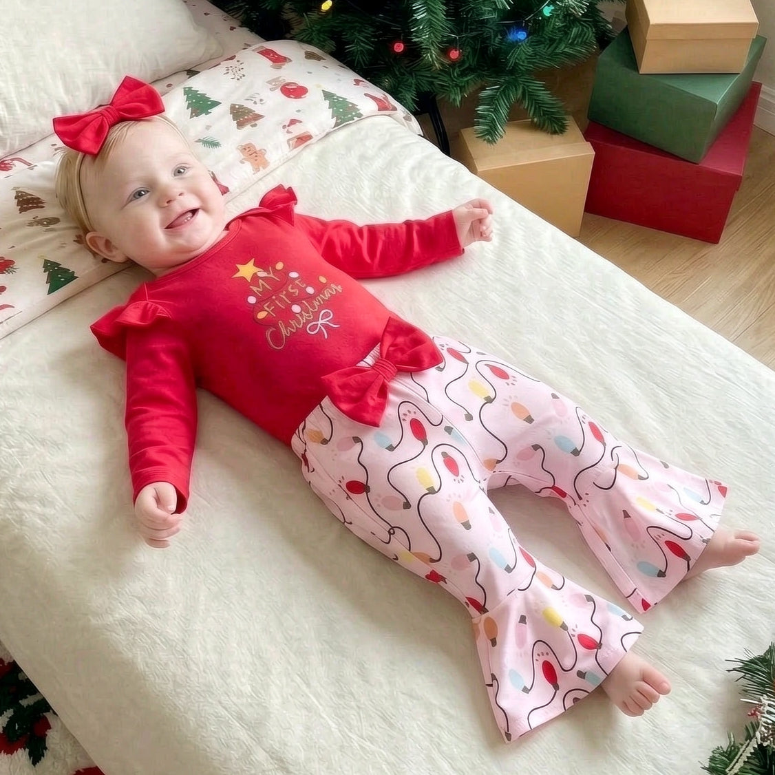 3PCS My First Christmas Letter Holiday Lights Print Long Sleeve Baby Set