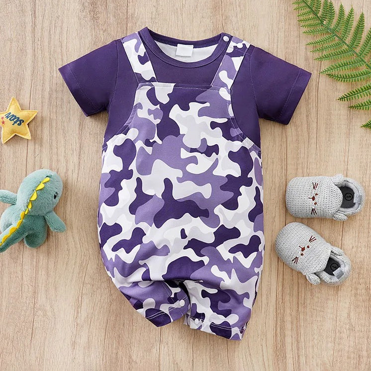 Casual Purple Camouflage Print Short Sleeve Baby Jumpsuit