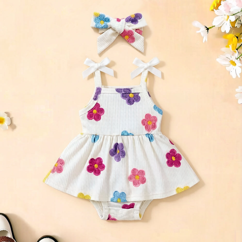2PCS Whimsical 3D Floral Appliqué Sleeveless Baby Romper