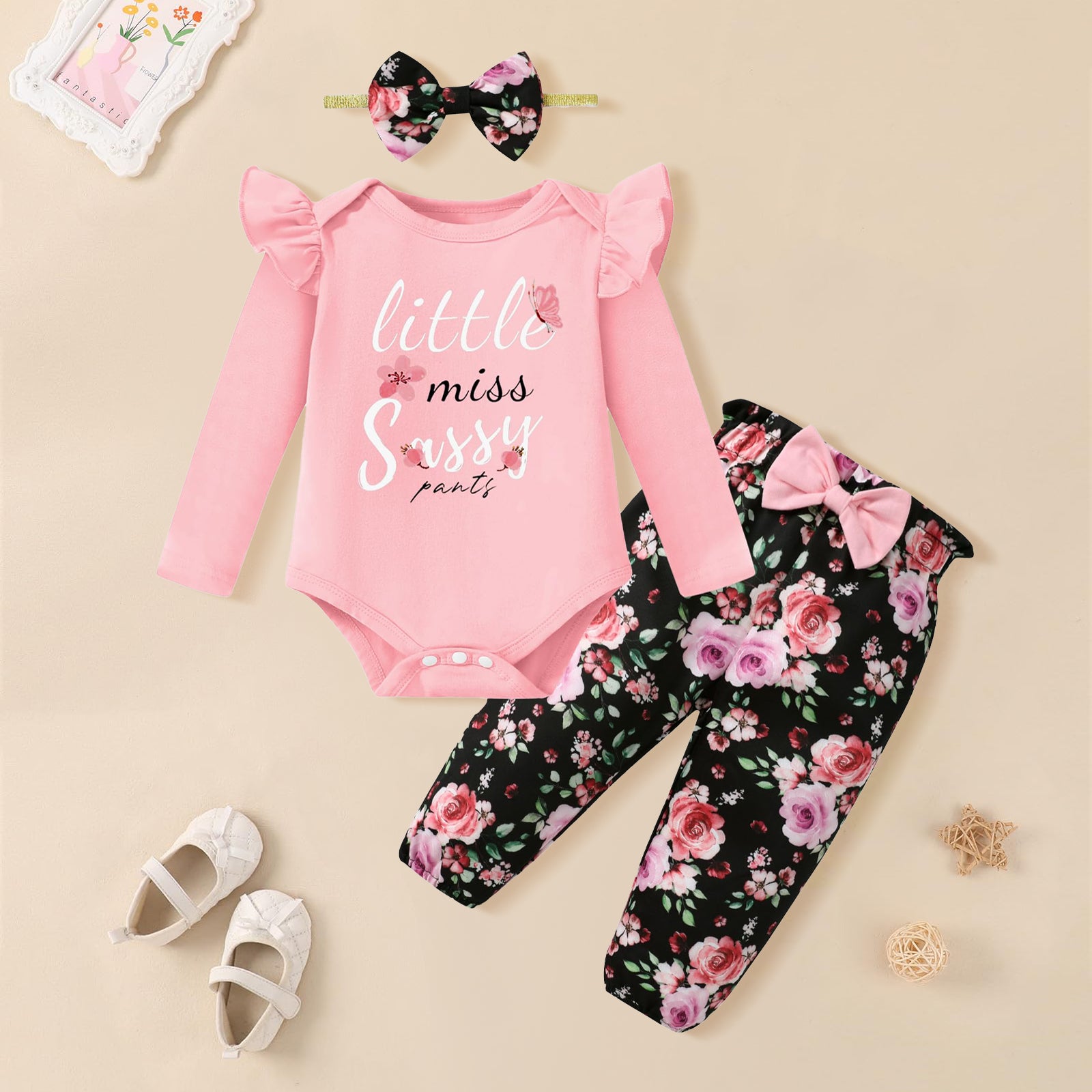 3PCS Grace Little Miss Sassy Pants Letter Floral Printed Baby Set