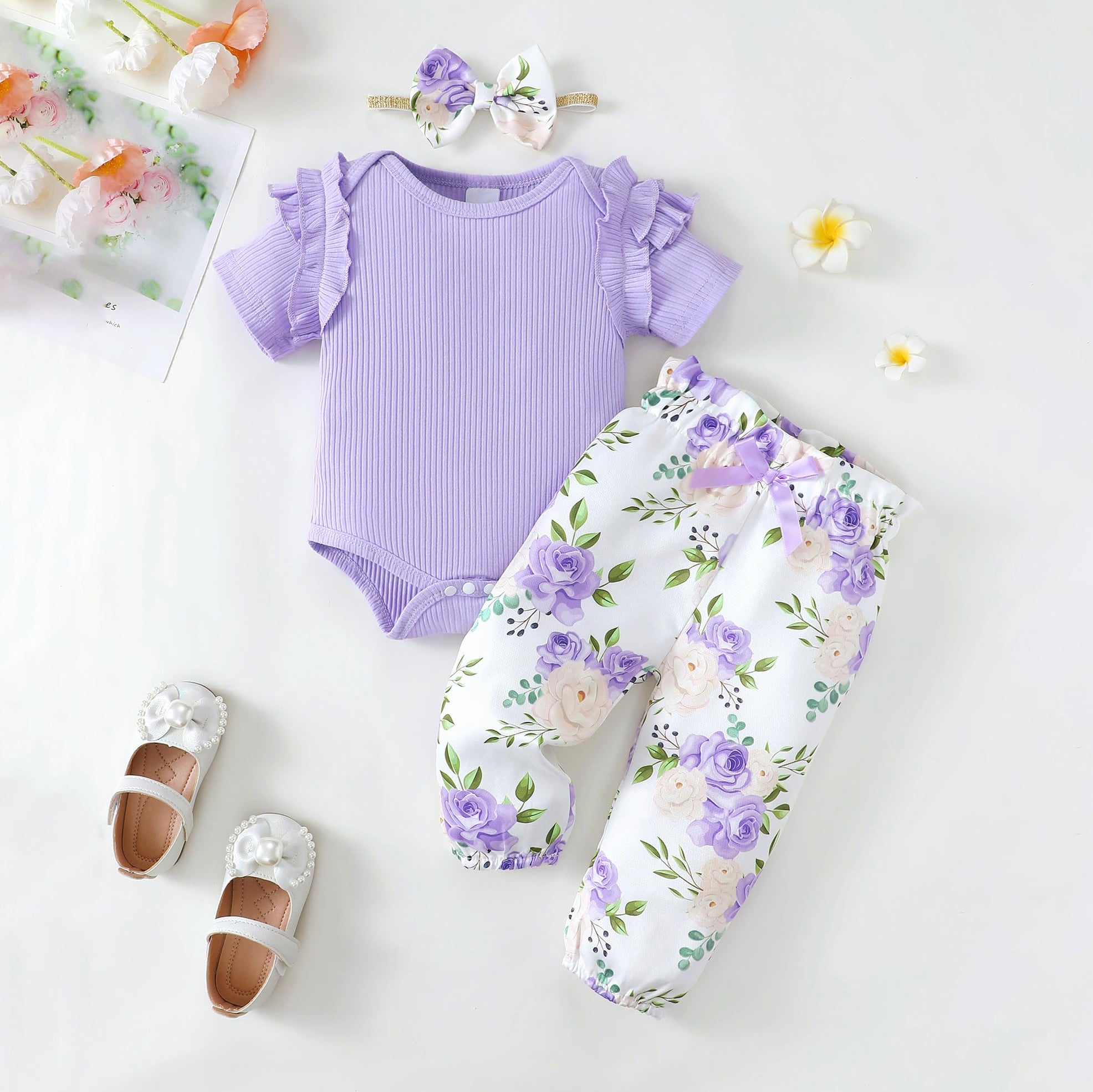 3PCS Stylish Floral Printed Ruffle Ribbed Short Sleeve Baby Set