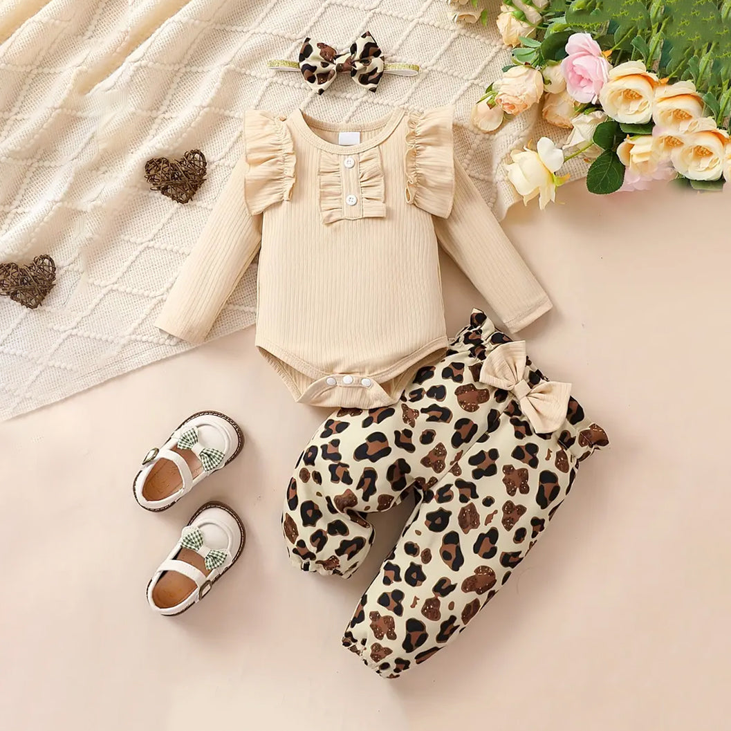 3PCS Stylish Leopard Printed Long Sleeve Baby Set